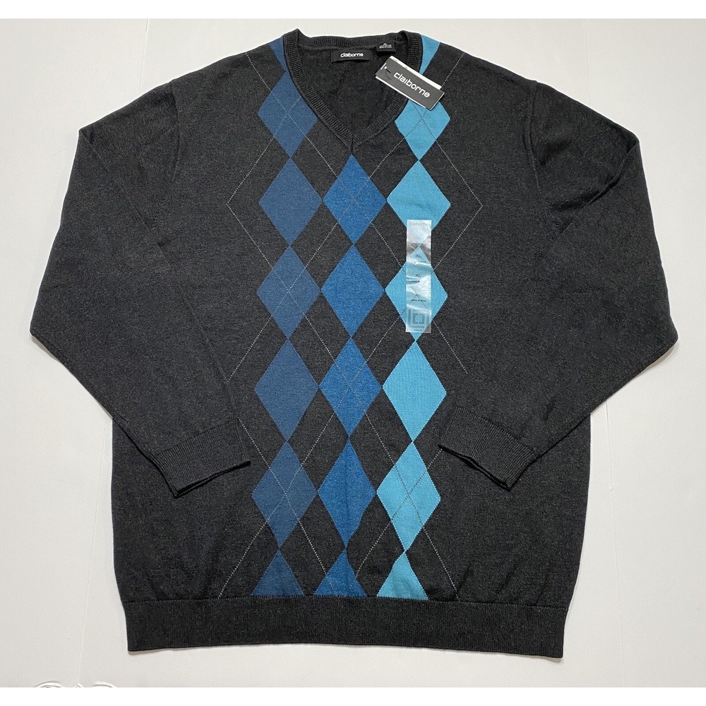Claiborne Mens Sweater Size XL Dark Gray Argyle Knit Long Sleeve Pullover NWT